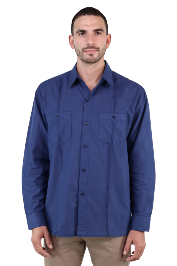 Guayabera Corte Clasico Azul Marino Manga Larga Con Alforza Textura Lino Para Hombre